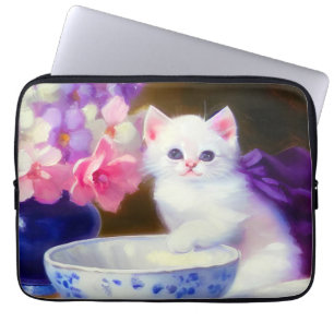 Capa Para Notebook Vintage White Kitten com Fita Roxa