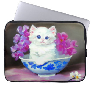 Capa Para Notebook Vintage White Kitten com Flores Rosa