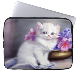 Capa Para Notebook Vintage White Kitten com Flores Rosa e Púrpura