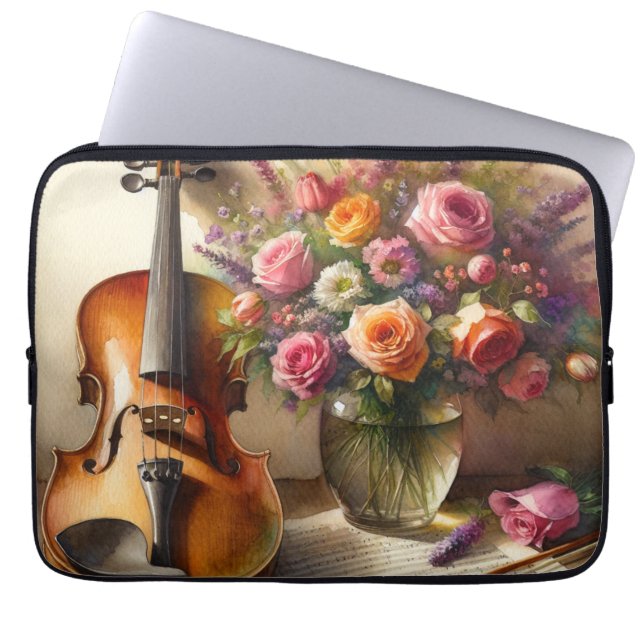 Capa Para Notebook Violino, Música Folha e Vaso de Flores (Frente)