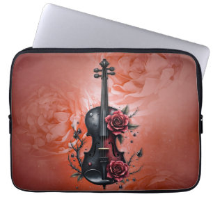 Capa Para Notebook Violino preto gótico com rosas vermelhas
