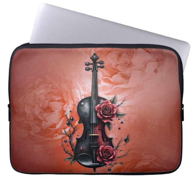 Capa Para Notebook Violino preto gótico com rosas vermelhas (Frente)