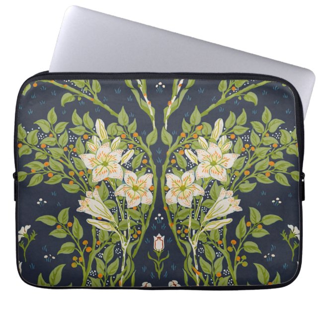 Capa Para Notebook Walter Crane Antigo Padrão Lírio Branco Navy (Frente)