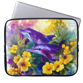 Capa Para Notebook Watercolor Ocean Dolphins Tropical Flowers
