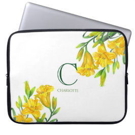 Capa Para Notebook Watercolor Yellow Day Lily Floral Monograma de Art