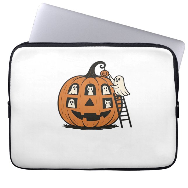 Capa Para Notebook Whimsical Spookkin Pumpkin com Fantasmas, Gatos e  (Frente)