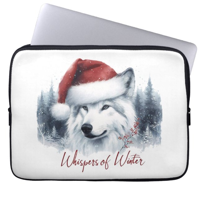 Capa Para Notebook Whispers do inverno - Lobo Aquarela em Santa Hat (Frente)
