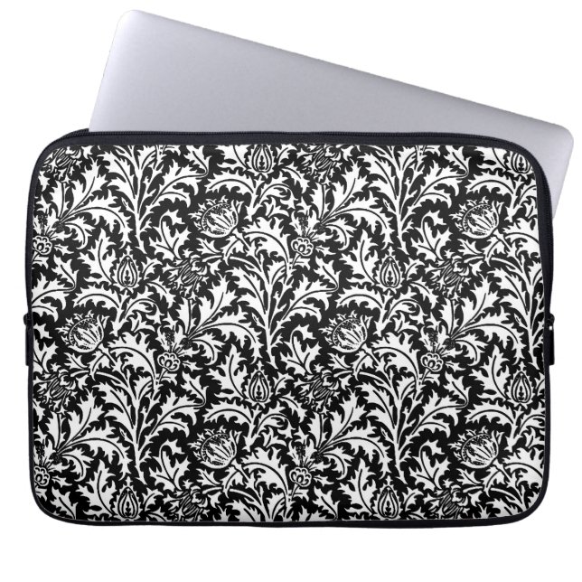 Capa Para Notebook William Morris Thistle Damask, Preto e Branco (Frente)