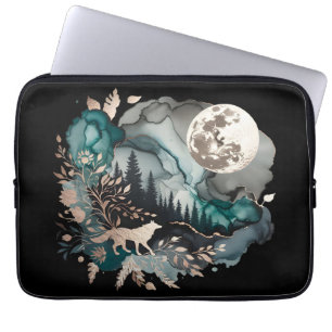Capa Para Notebook Wolf Landscape & Moon Teal Dourado