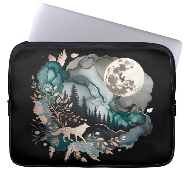 Capa Para Notebook Wolf Landscape & Moon Teal Dourado (Frente)