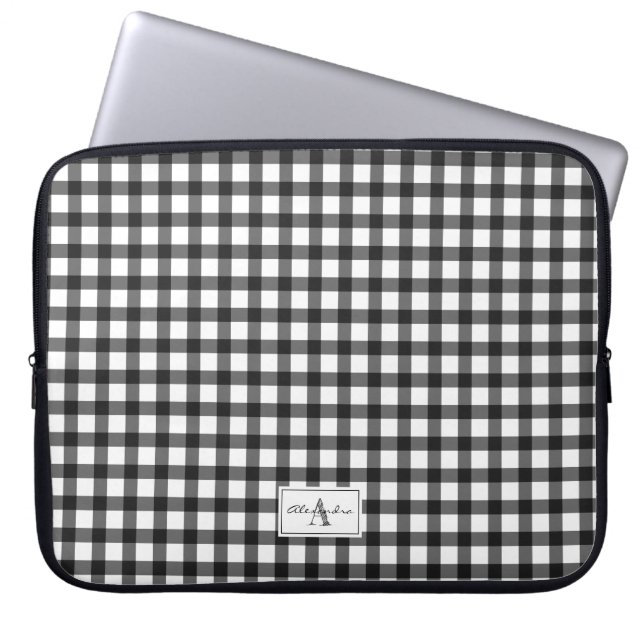 Capa Para Notebook Xadrez de Gingham branco preto Monograma de padrão (Frente)