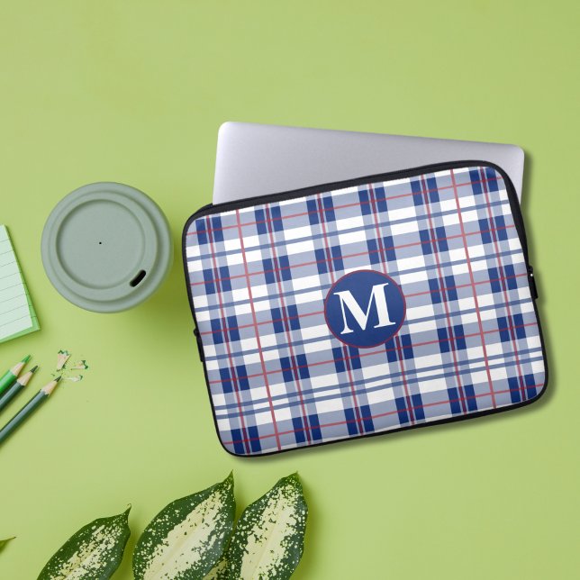 Capa Para Notebook Xadrez de Monograma Vermelho, Branco e Azul (Criador carregado)