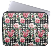 Xadrez Preta e Branca com Camellias Rosa Folha