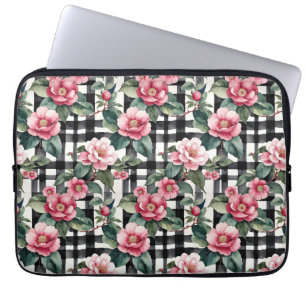 Capa Para Notebook Xadrez Preta e Branca com Camellias Rosa Folha