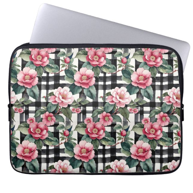 Capa Para Notebook Xadrez Preta e Branca com Camellias Rosa Folha (Frente)