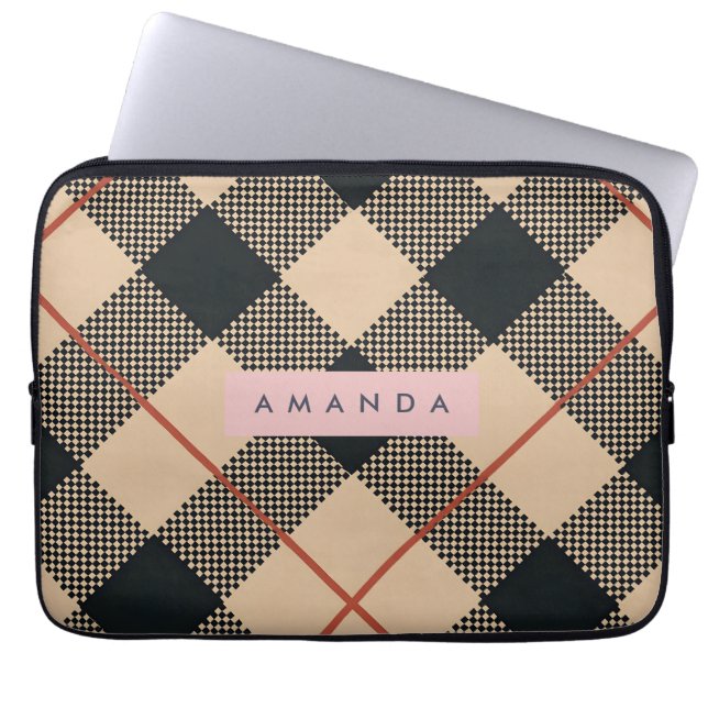Capa Para Notebook Xadrez Preto e Bege Personalizado Moderno (Frente)