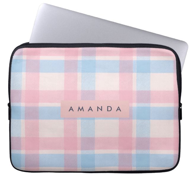 Capa Para Notebook Xadrez Rosa Pastel e Azul Personalizado (Frente)