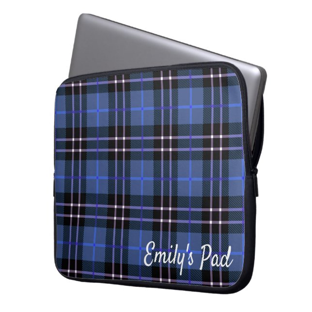 Capa Para Notebook Xadrez Tartan Azul com Nome (Frente Esquerda)