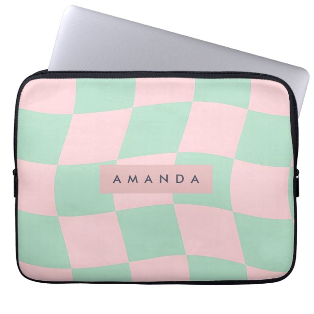 Capa Para Notebook Xadrez Verde Menta e Rosa Blush Personalizado (Frente)