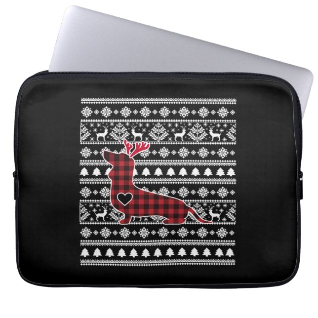 Capa Para Notebook Xadrez Vermelha Buffalo Dachshund Dog Natal (Frente)