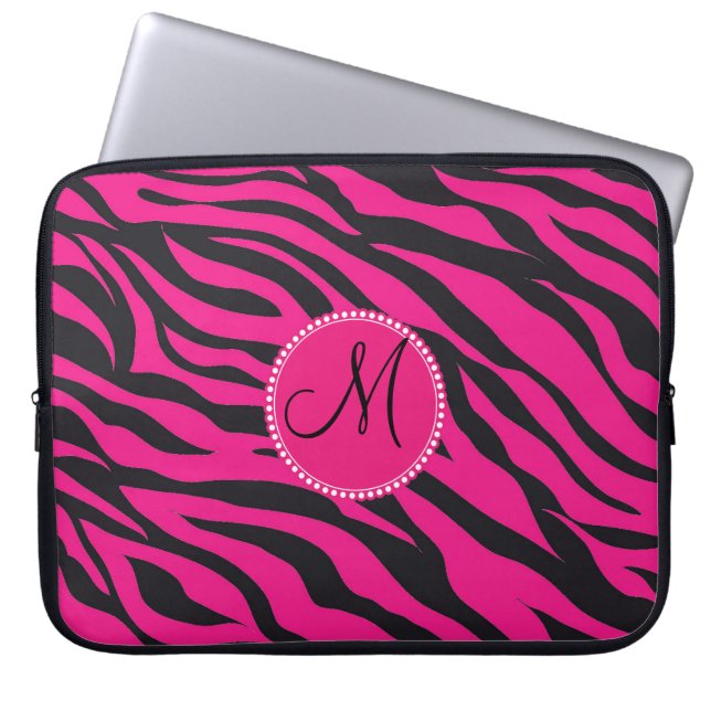 Capa Para Notebook Zebra Negra Preta, Rosa Quente, Monograma Inicial (Frente)