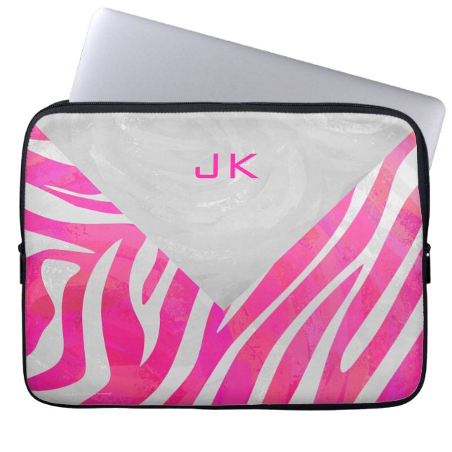 Capa Para Notebook Zebra rosa-quente e branca com monograma (Frente)