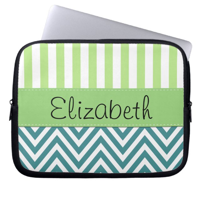 Capa Para Notebook Zigzag Azul, Chevron, Greve Verde, Seu Nome (Frente)