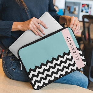 Capa Para Notebook Zigzag preto-e-branco, Chevron, azul, seu nome