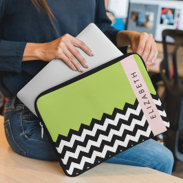 Capa Para Notebook Zigzag preto-e-branco, Chevron, verde, seu nome