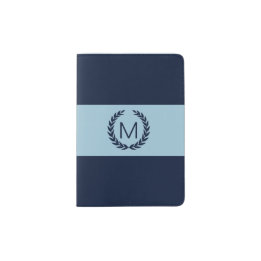 Capa Para Passaporte Azul claro e Marinho com Laurel Wreath Monogramas