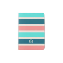 Capa Para Passaporte Monograma Inicial de Coral, Turquesa e Stripe Teal