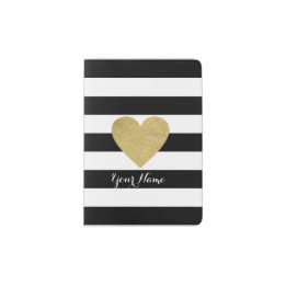 Capa Para Passaporte Stripes Pretas e Brancas com Coração de Folha Ouro