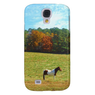 Capa Samsung Galaxy S4 Cavalo castanho e branco,árvores de outono,céu azu