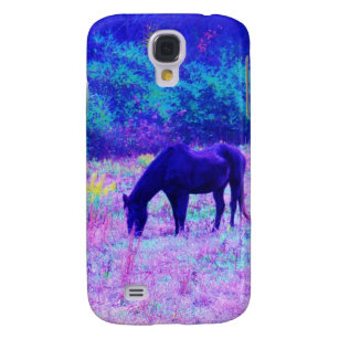 Capa Samsung Galaxy S4 Cavalo Negro Roxo no campo Arco-íris
