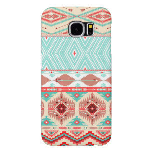 Capa Para Samsung Galaxy S6 Coral-rosa-branca e azul-boho tribal padrão asteca