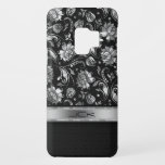 Capa Para Samsung Galaxy S9 Case-Mate Damascos de Vintagem de Prata Preta e Metálica<br><div class="desc">Padrão negro e metálico brilhante de damascos florais prateados com padrão geométrico preto na parte inferior. Monograma personalizável e opcional com bar prateado.</div>