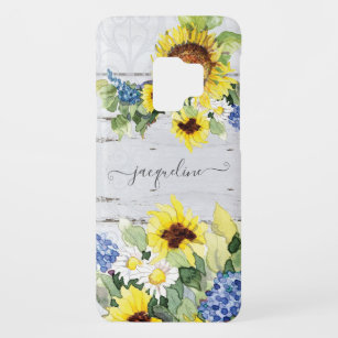 Capa Para Samsung Galaxy S9 Case-Mate Rótulo Aquoso Girassol Azul Floral Madeira Branca