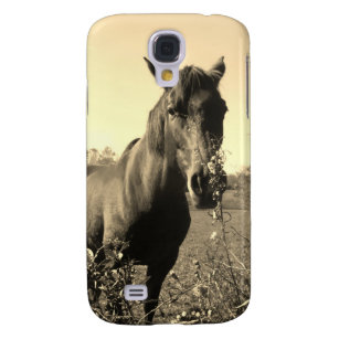 Capa Samsung Galaxy S4 Sépia Tone Foto de Cavalo Marrom com flores