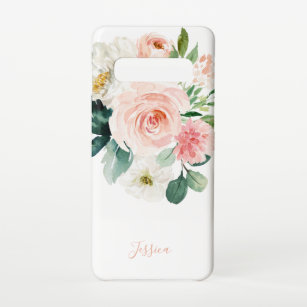 Capa Para Samsung Galaxy Floral de Cor de Água Rosa Esbranquiçada com Seu N