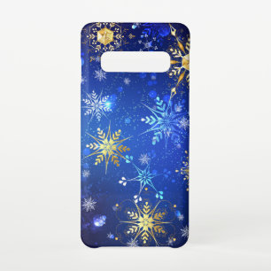 Capa Para Samsung Galaxy Fundo Azul XMAS com Flocos de Neve Ouro