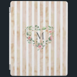 Capa Smart Para iPad listras de aquarelas monograma de wreath floral<br><div class="desc">listras de aquarela em tons pastel com haste floral primavera e um monograma de fontes serif fácil de personalizar</div>