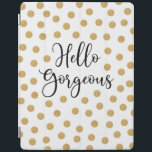 Capa Smart Para iPad Olá, linda garota<br><div class="desc">Uma capa de ipad de ouro chico,  branca e bolinhas preta com as palavras,  Olá linda. Uma bela cobrir para proteger seu ipad. Divertido para voltar à escola para adolescentes. Projetado para você pelo Blackberry Boulevard.</div>