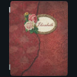 Capa Smart Para iPad Vintage Torn Red Damask and Rosa Personalizado<br><div class="desc">Camadas de damasco vermelho envelhecido com borda rasgada,  estrutura de filigrana dourada e rosas de safra. Nota: Efeitos esculpidos,  gravados,  gravados e dimensionais,  aspecto em camadas,  envelhecido ou corroído,  texturas e sombras obtidas digitalmente. O produto tem uma superfície plana.</div>