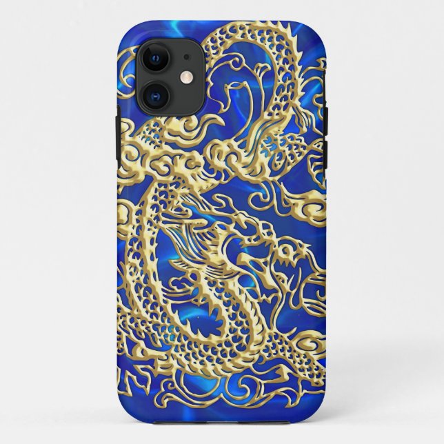 Capas de iphone Azul Satírica em Dragão Dourado (Verso)