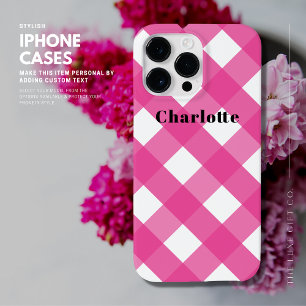 Capas de iphone de Gingham Rosa Moderno com Nome