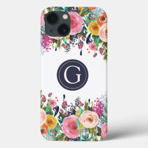 Capas de iphone de Maçã Floral Pintada Monograma