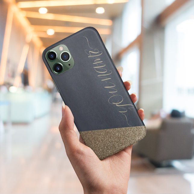 capas de iphone de monograma com glitz marinho dou (Navy gold glitter glam monogram iphone cases)