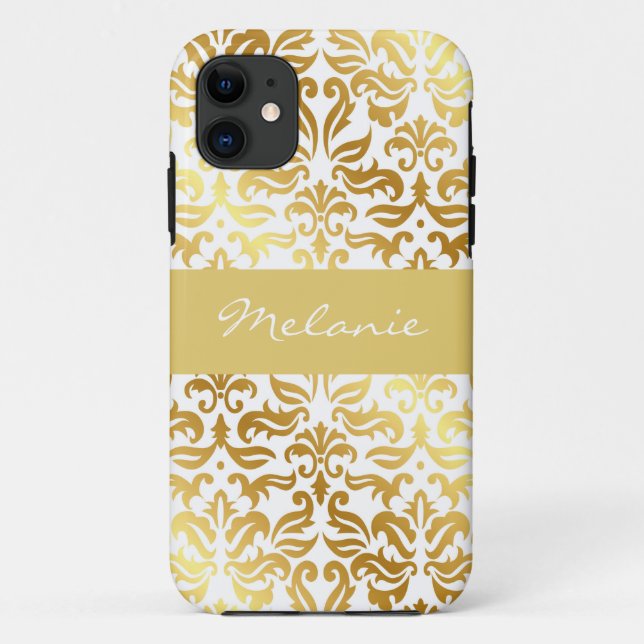 Capas de iphone de monograma do Damask Dourado Ele (Verso)