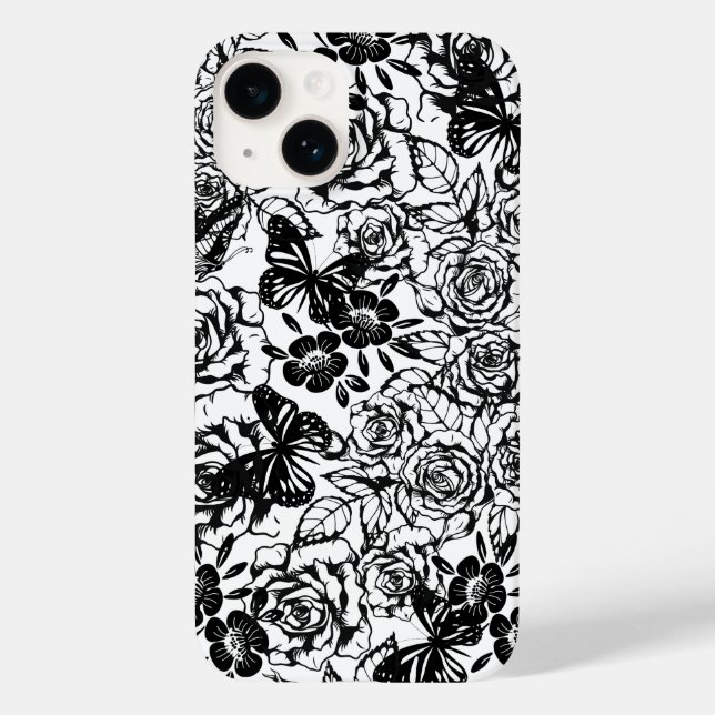 Capas de iphone de padrão floral preto e branco (Verso)