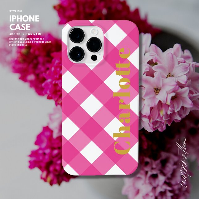 Capas de iphone de Typografia Pink Gingham com Nom (Criador carregado)